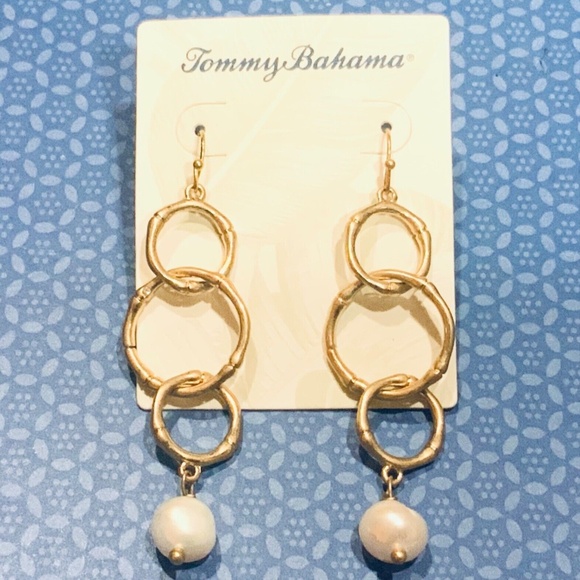 TOMMY BAHAMA EARRINGS NWT Gold BAMBOO LOOP⭐️GENUINE FRESHWATER PEARLS - PIERCED - Picture 9 of 10